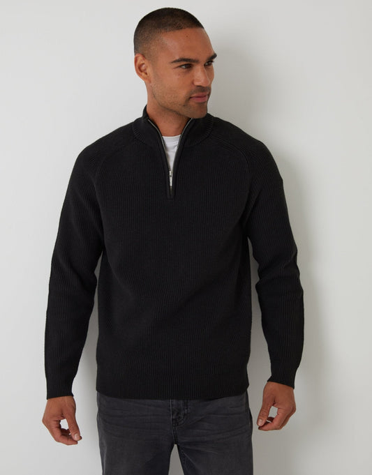 Rib Panel Quarter Zip Knitted Jumper in Black by SATRI & CO. – product view 1