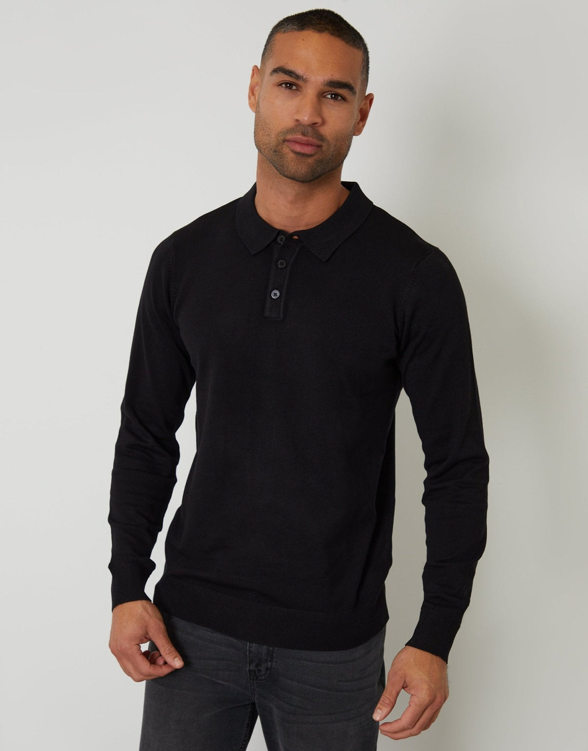 Men's Knitted Long Sleeve Polo Jumper in Black – view 1