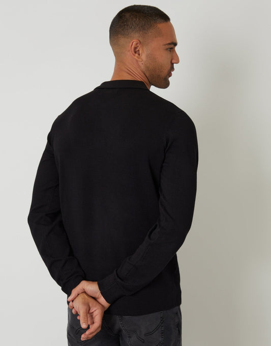 Men's Knitted Long Sleeve Polo Jumper in Black – view 2