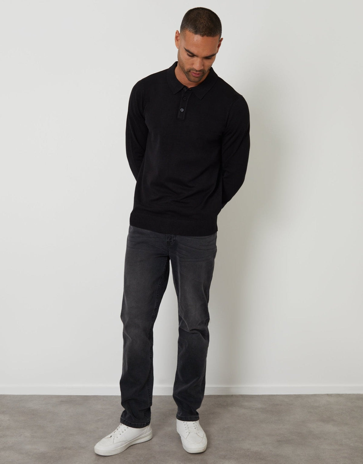 Men's Knitted Long Sleeve Polo Jumper in Black – view 3