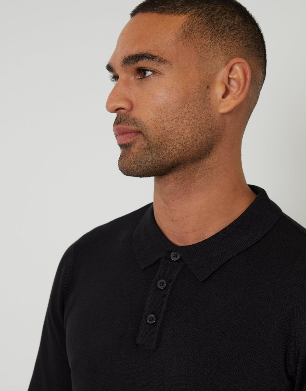 Men's Knitted Long Sleeve Polo Jumper in Black – view 4