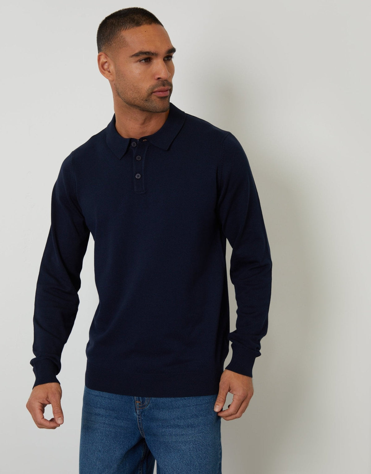 Men's Knitted Long Sleeve Polo Jumper in Navy – view 1