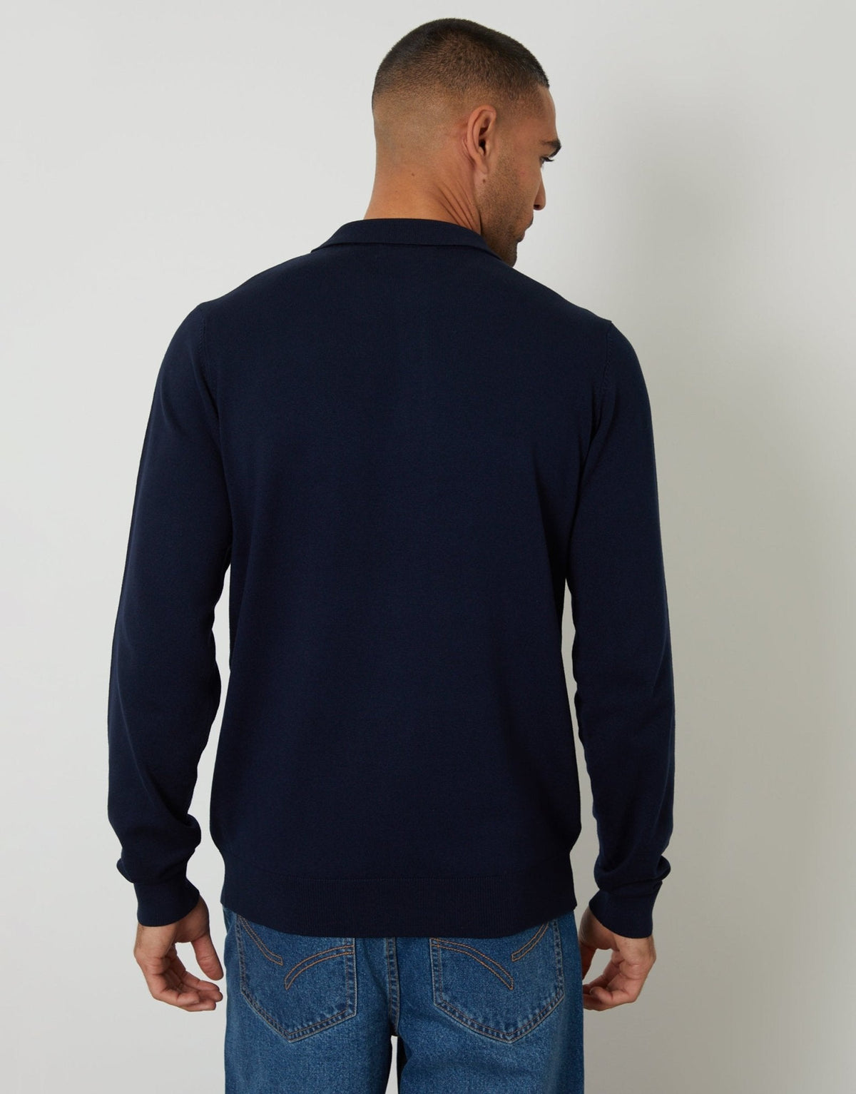 Men's Knitted Long Sleeve Polo Jumper in Navy – view 2