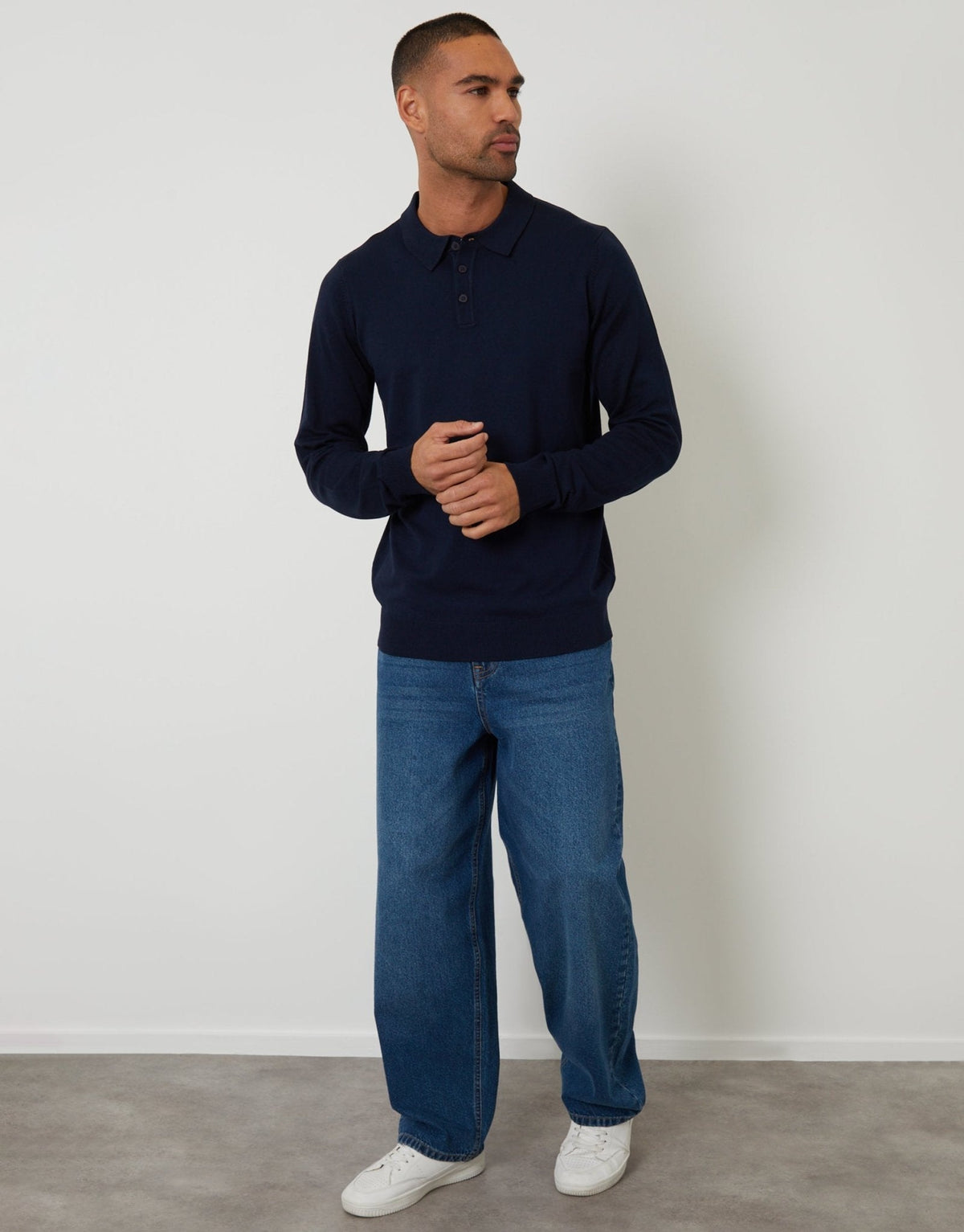 Men's Knitted Long Sleeve Polo Jumper in Navy – view 3