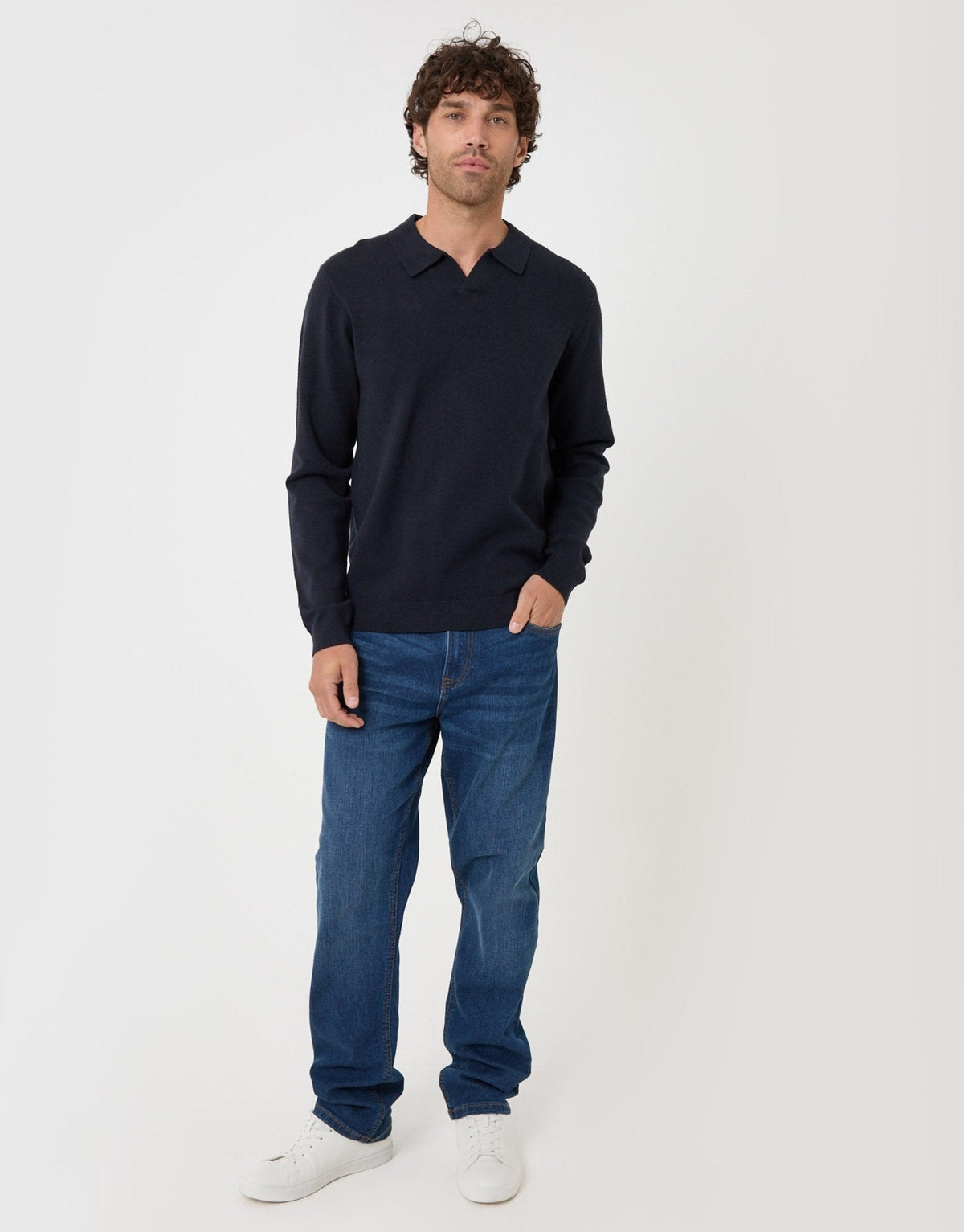 Men's Relaxed Weekend Sweatshirt with Polo Collar in Navy – view 3