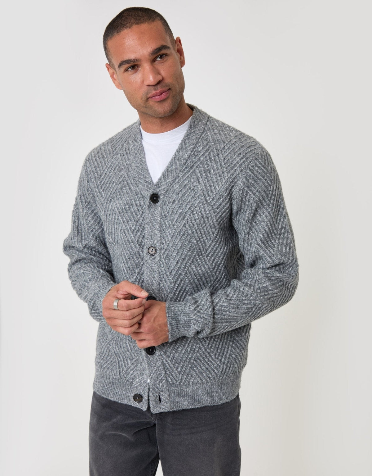 Textured Stitch V Neck Cardigan in Grey Marl by SATRI & CO. – product view 1