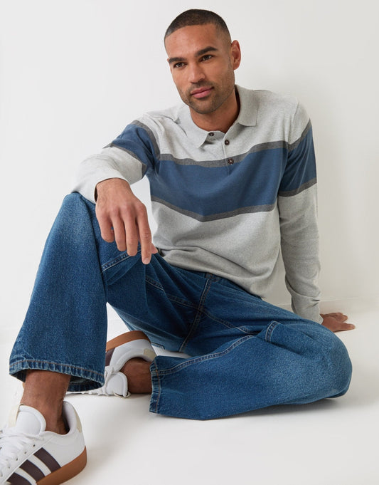 Boxy Fit Cotton Rich Rugby Polo in Grey & Blue Stripe by SATRI & CO. – product view 1