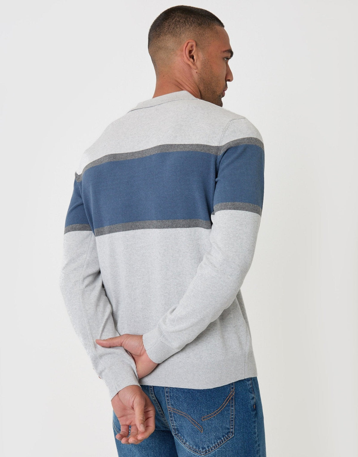 Men's Cotton Rich Rugby Polo Shirt in Grey & Blue Stripe – view 3