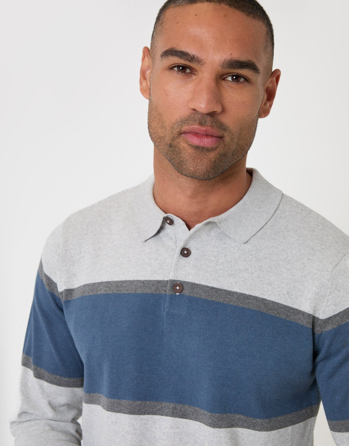 Men's Cotton Rich Rugby Polo Shirt in Grey & Blue Stripe – view 2