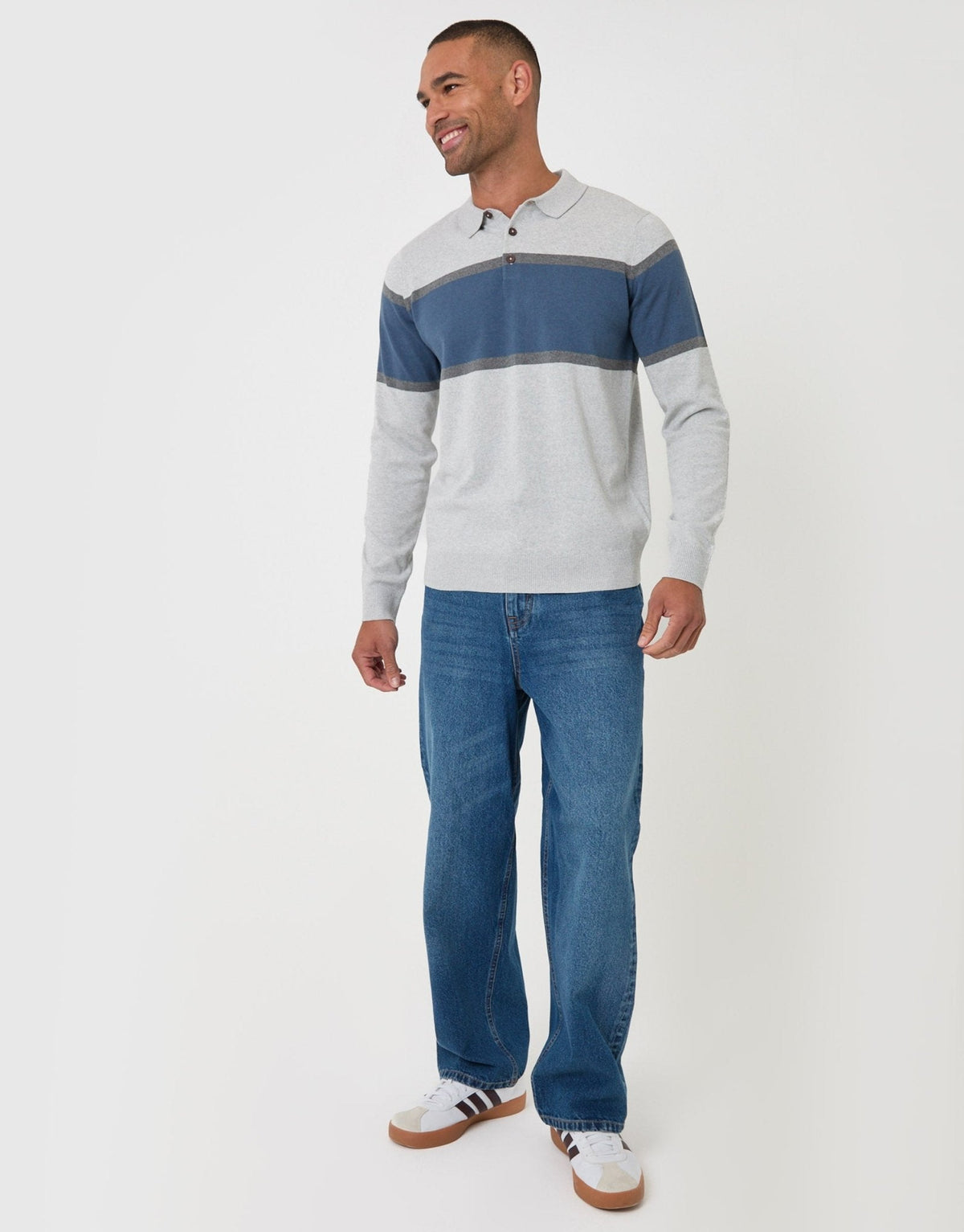 Men's Cotton Rich Rugby Polo Shirt in Grey & Blue Stripe – view 4