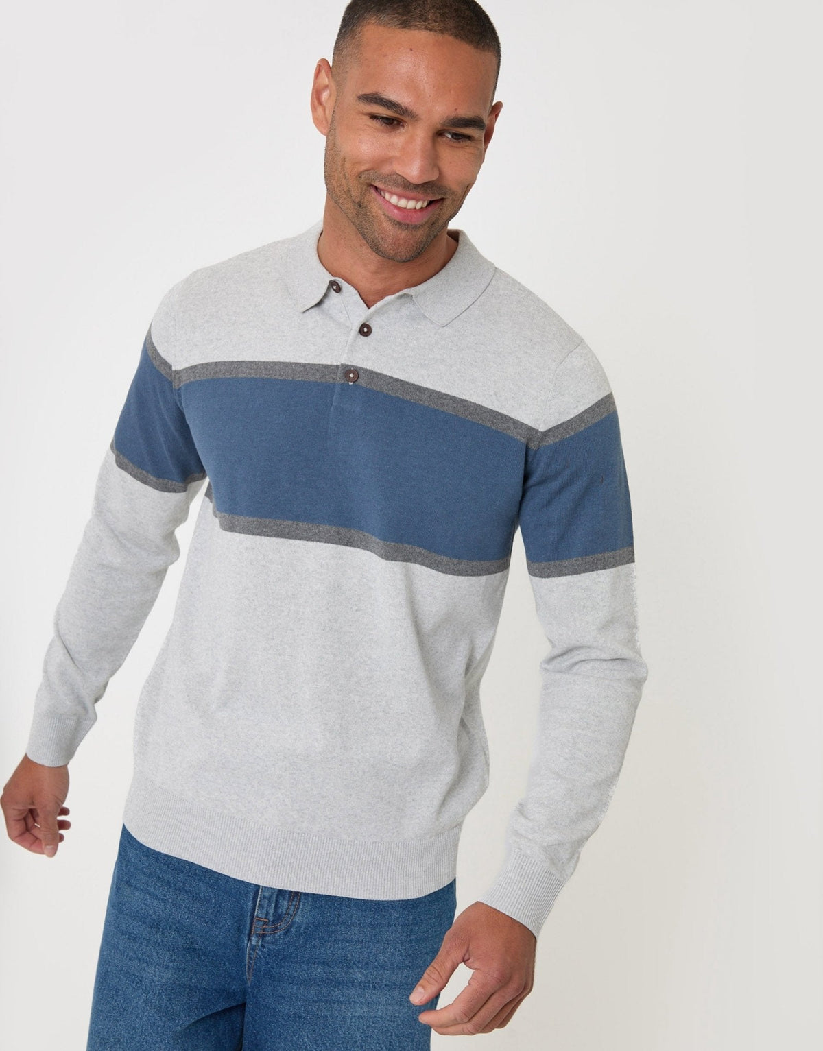 Men's Cotton Rich Rugby Polo Shirt in Grey & Blue Stripe – view 5
