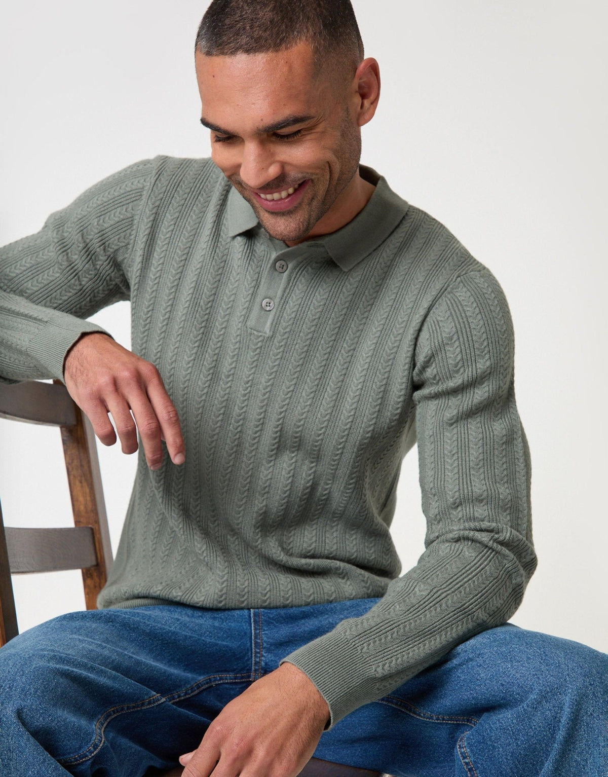 Men's Smart Knitted Polo Jumper for Autumn Days in Sage – view 1
