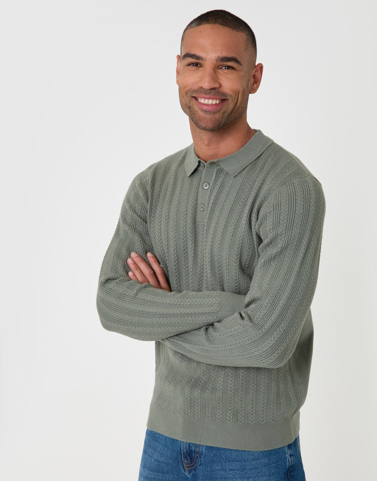 Men's Smart Knitted Polo Jumper for Autumn Days in Sage – view 2