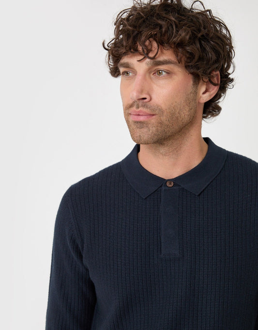 Men's Waffle Stitch Polo Collar Jumper in Navy – view 1