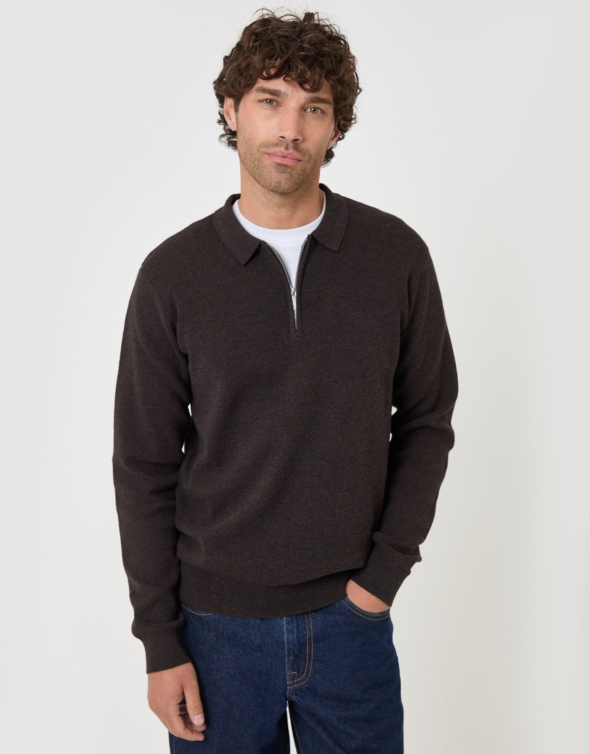 Men's Cotton Rich Quarter Zip Polo Shirt in Chocolate Brown – view 1