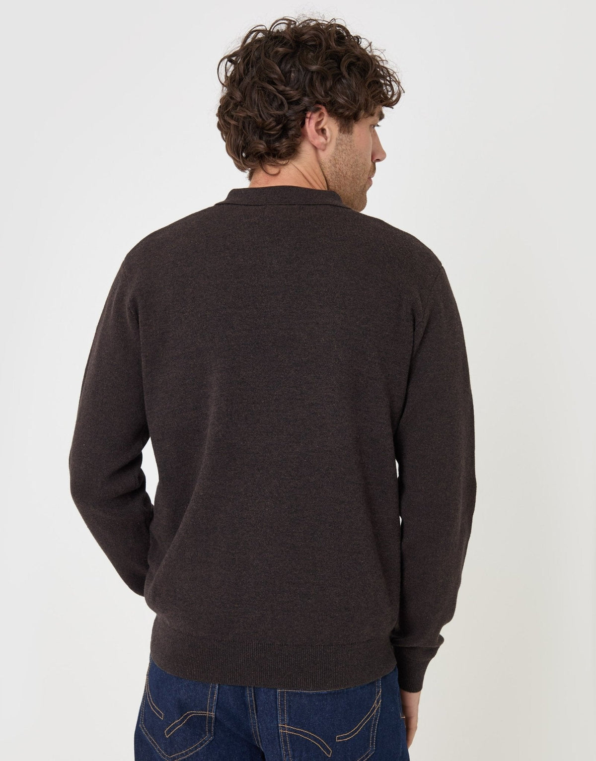 Men's Cotton Rich Quarter Zip Polo Shirt in Chocolate Brown – view 2