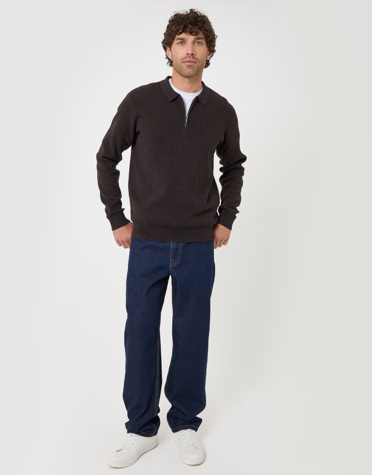 Men's Cotton Rich Quarter Zip Polo Shirt in Chocolate Brown – view 3