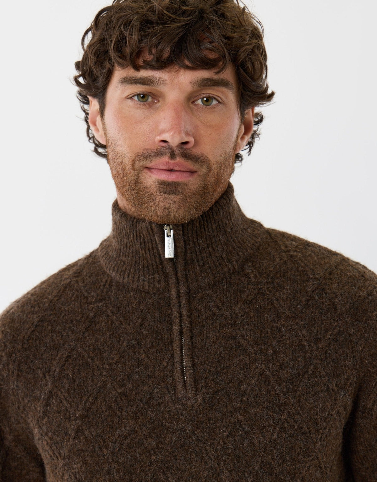 Men's Diamond Cable Knit Quarter Zip Jumper in Chocolate Brown – view 3