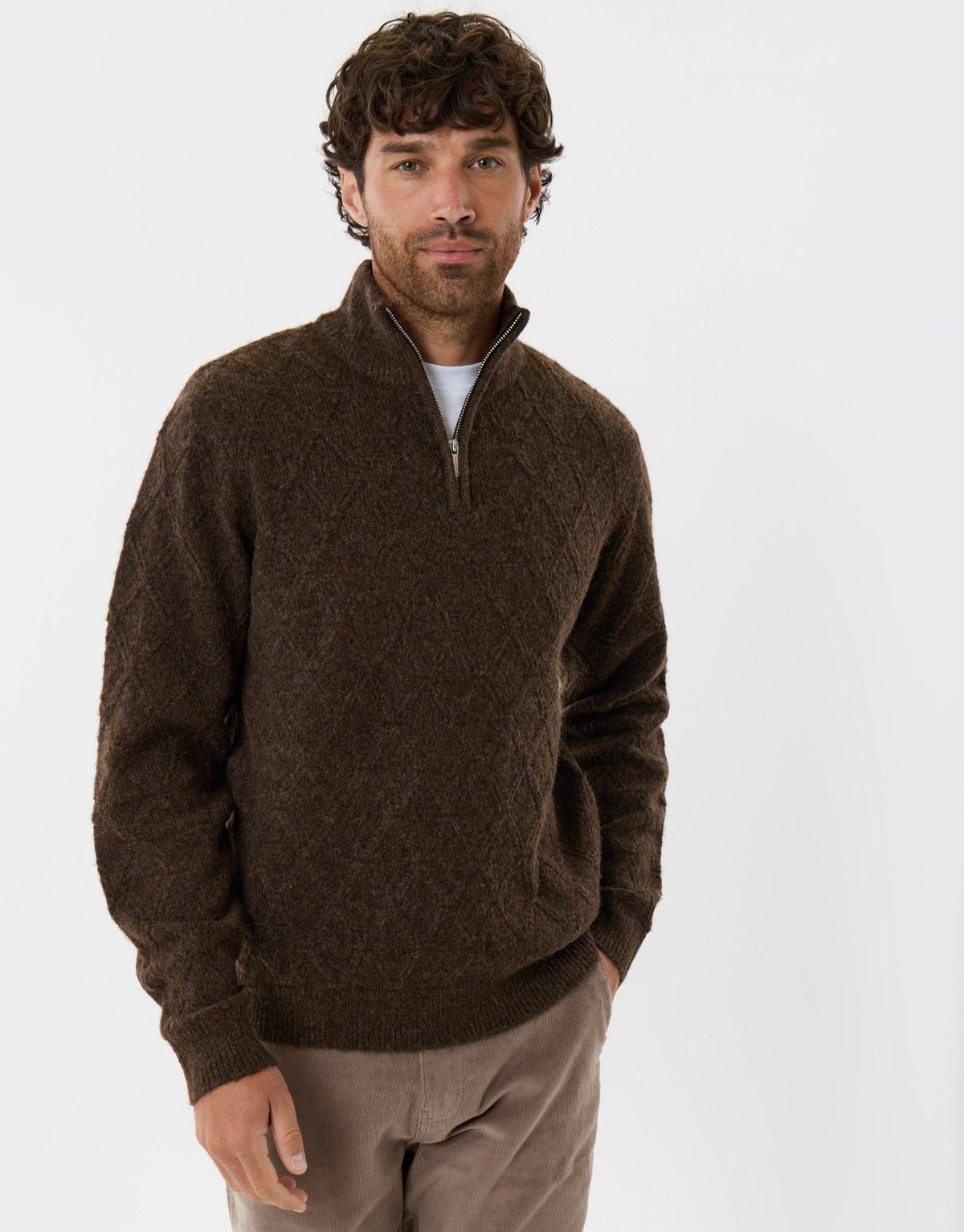 Men's Diamond Cable Knit Quarter Zip Jumper in Chocolate Brown – view 2