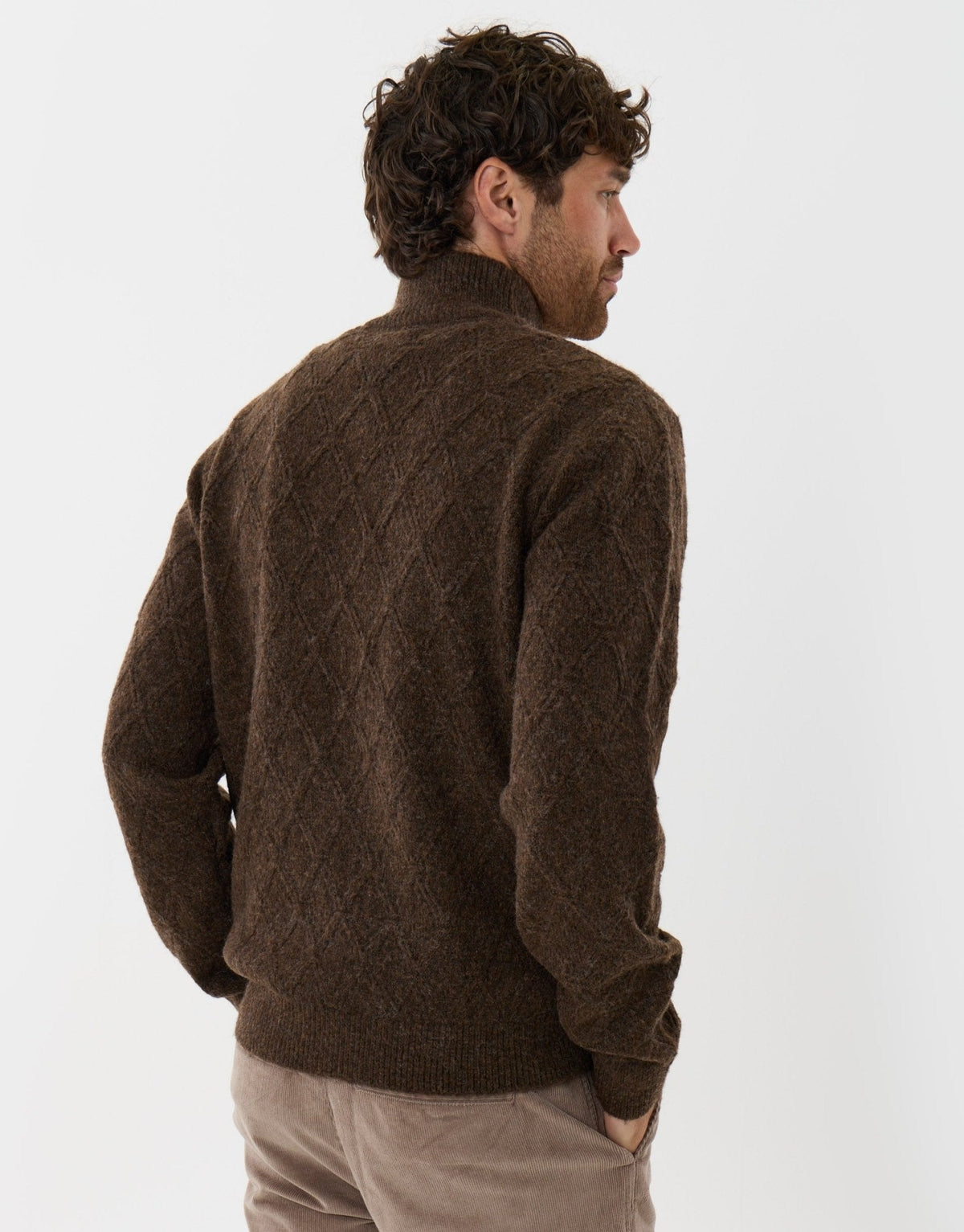 Men's Diamond Cable Knit Quarter Zip Jumper in Chocolate Brown – view 4
