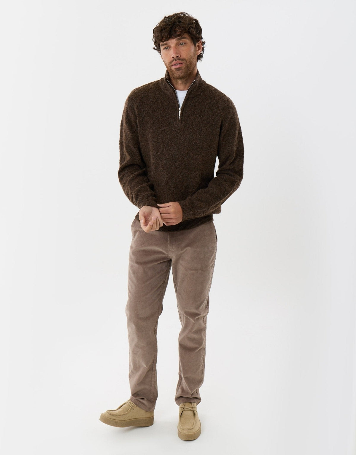 Men's Diamond Cable Knit Quarter Zip Jumper in Chocolate Brown – view 5