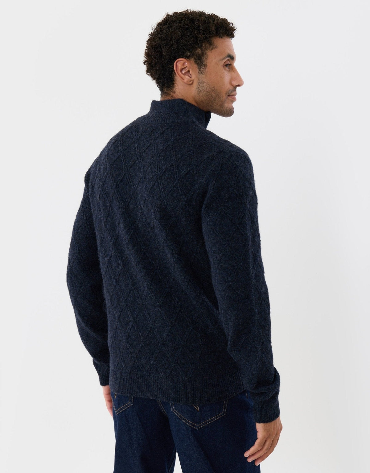 Men's Diamond Cable Knit Quarter Zip Jumper in Navy – view 2