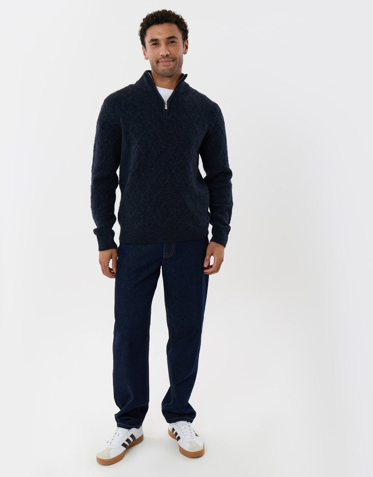 Men's Diamond Cable Knit Quarter Zip Jumper in Navy – view 3