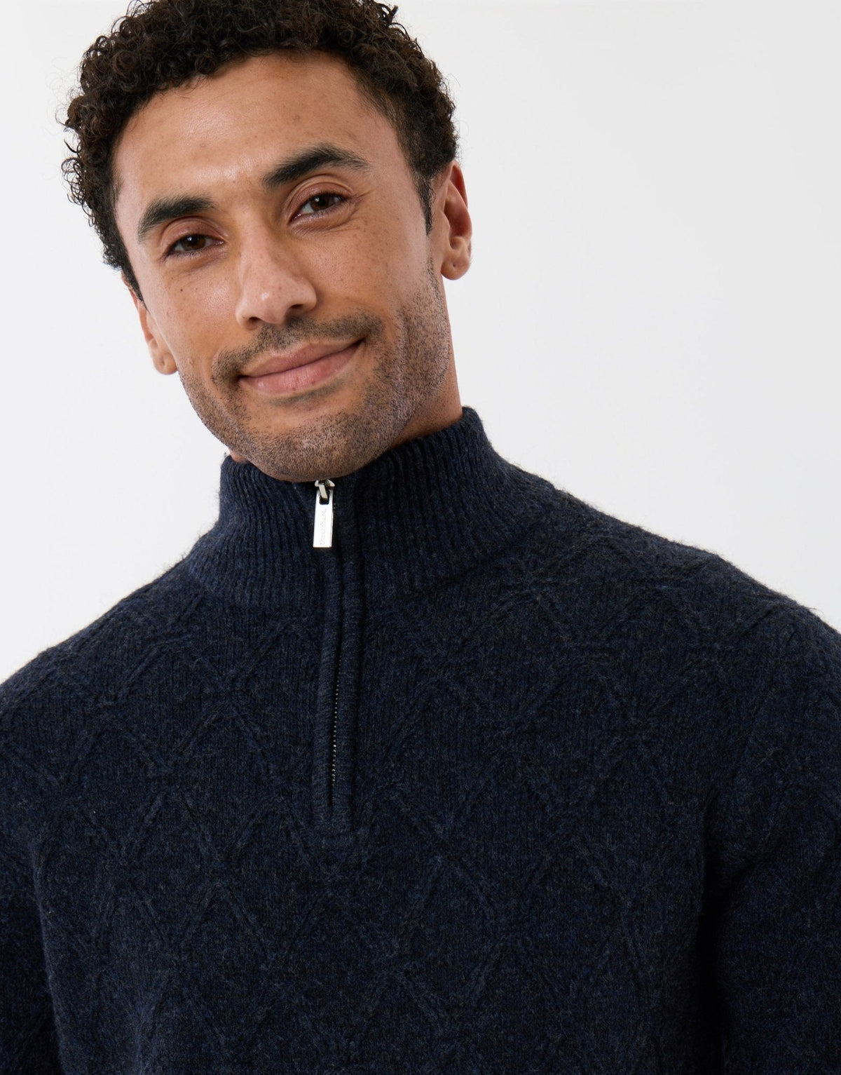 Men's Diamond Cable Knit Quarter Zip Jumper in Navy – view 4