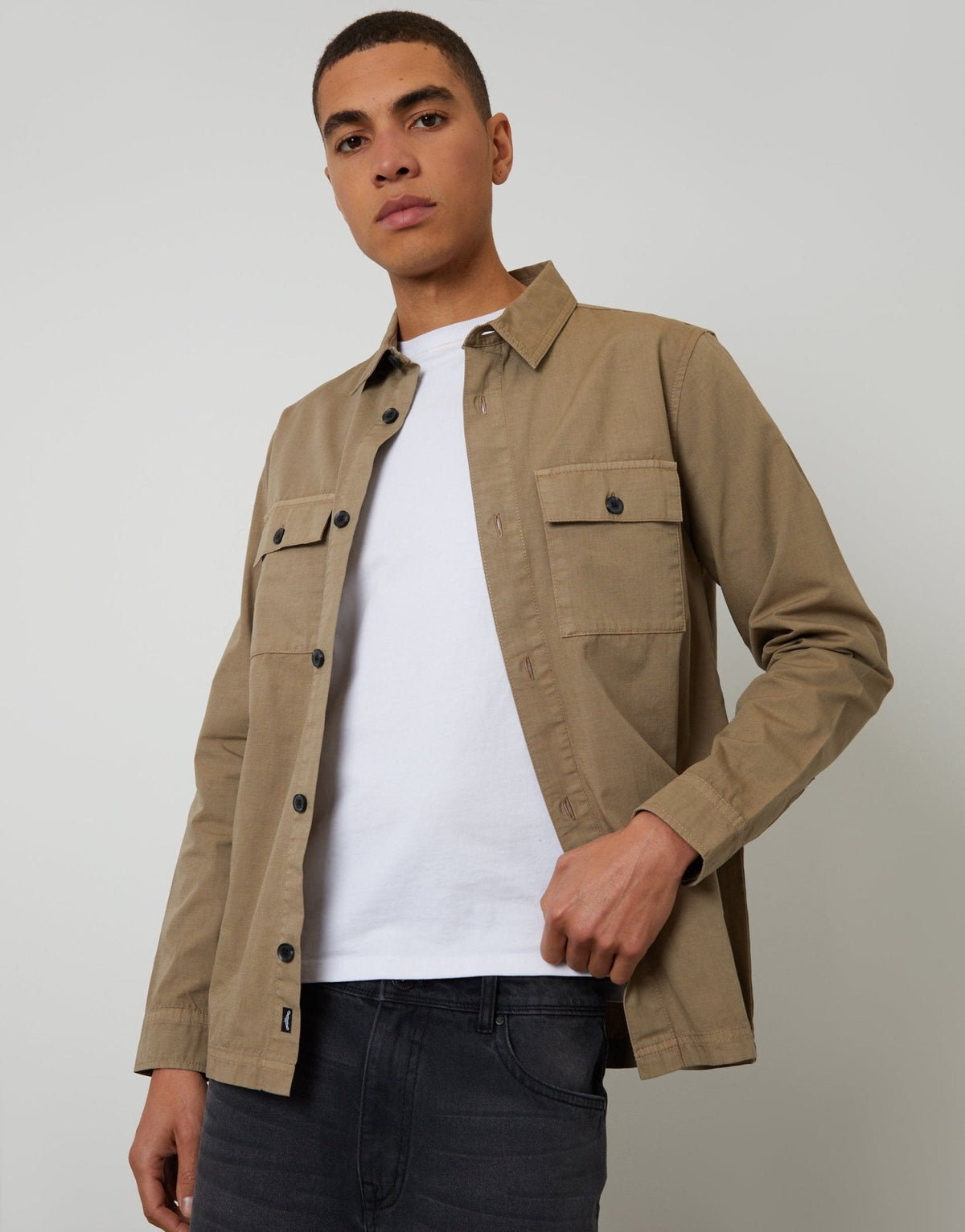 Men's Lightweight Cotton Poplin Shacket in Taupe – view 1
