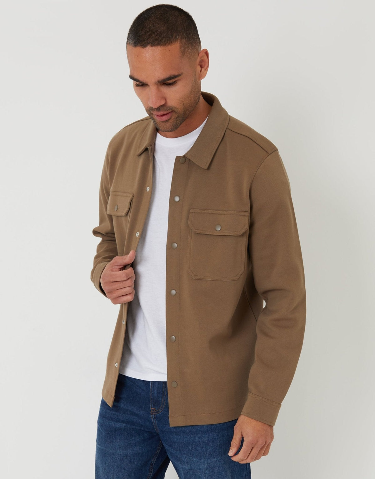 Men's Pique Popper Fastening Shacket in Taupe – view 1