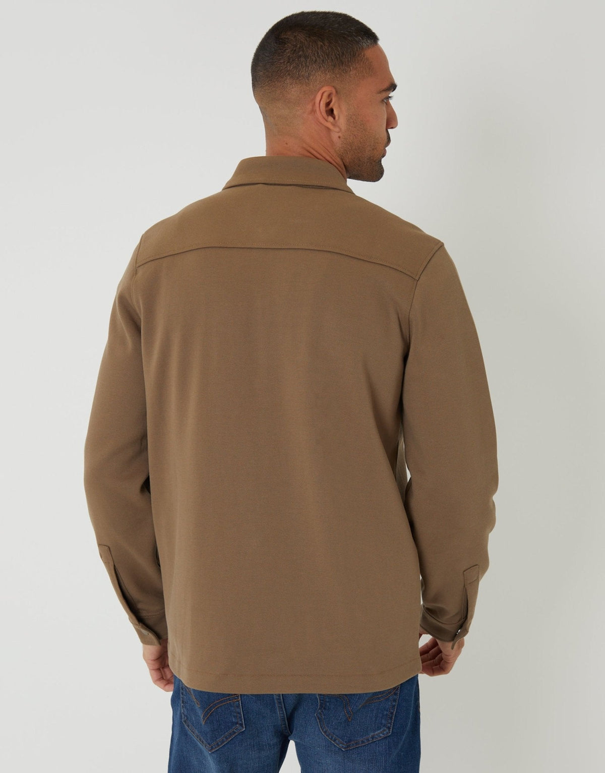 Men's Pique Popper Fastening Shacket in Taupe – view 2