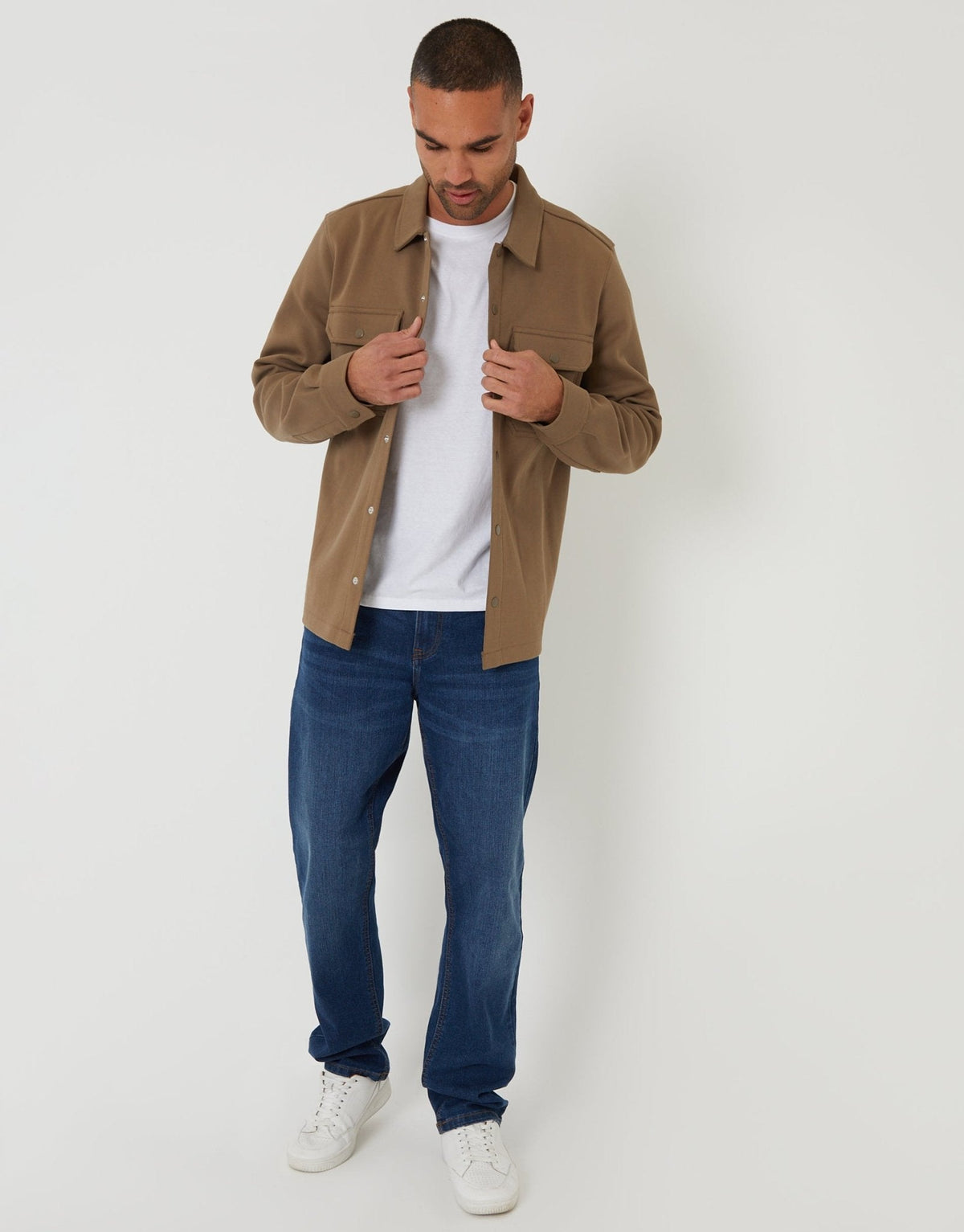 Men's Pique Popper Fastening Shacket in Taupe – view 3