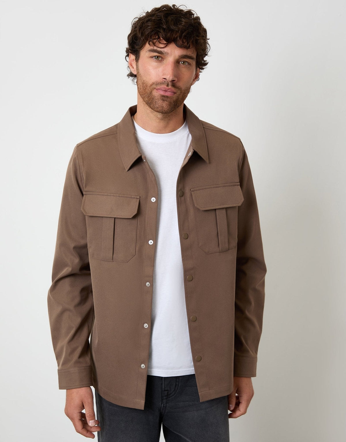 Men's Twill Cargo Pocket Shacket in Brown – view 1