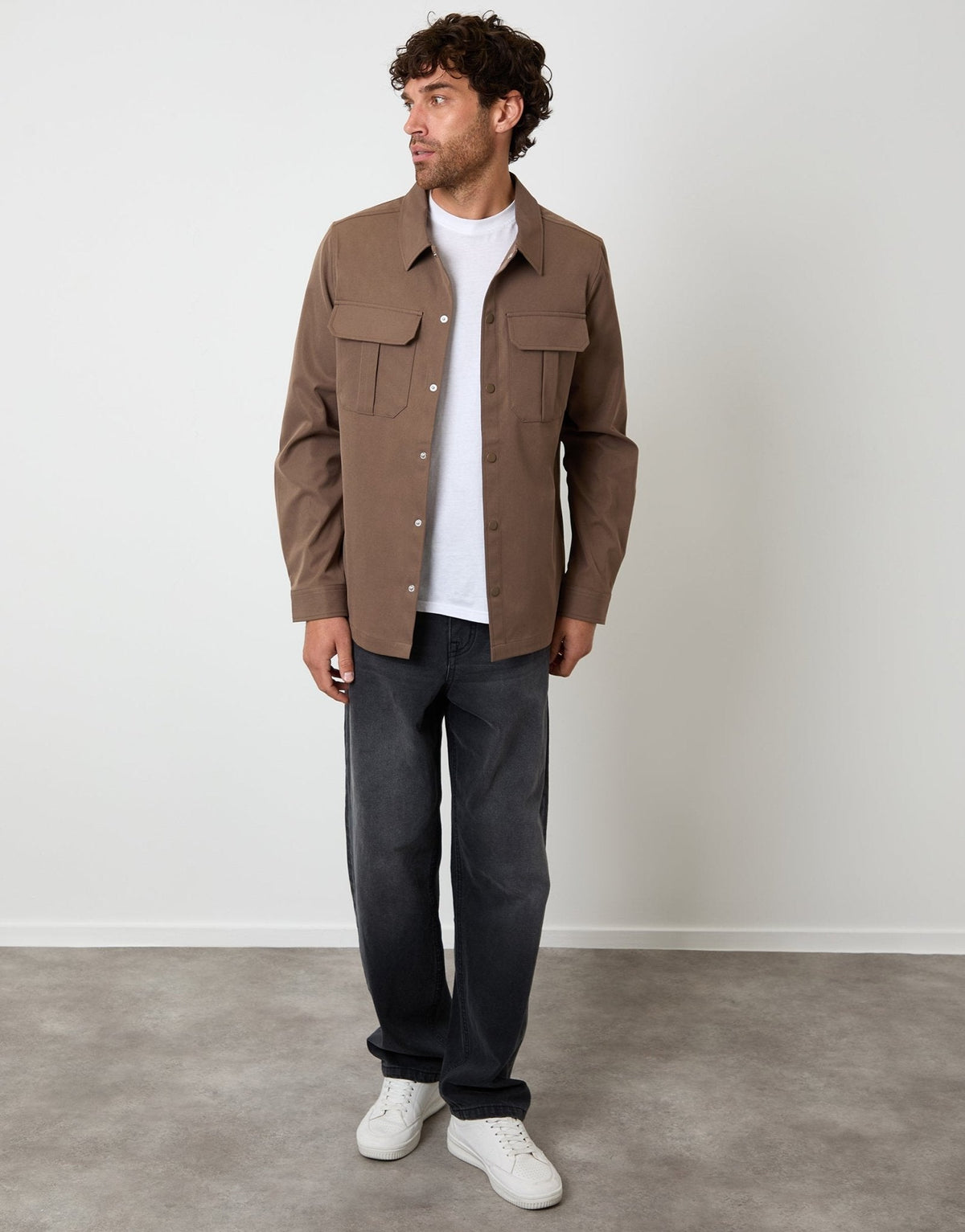 Men's Twill Cargo Pocket Shacket in Brown – view 3