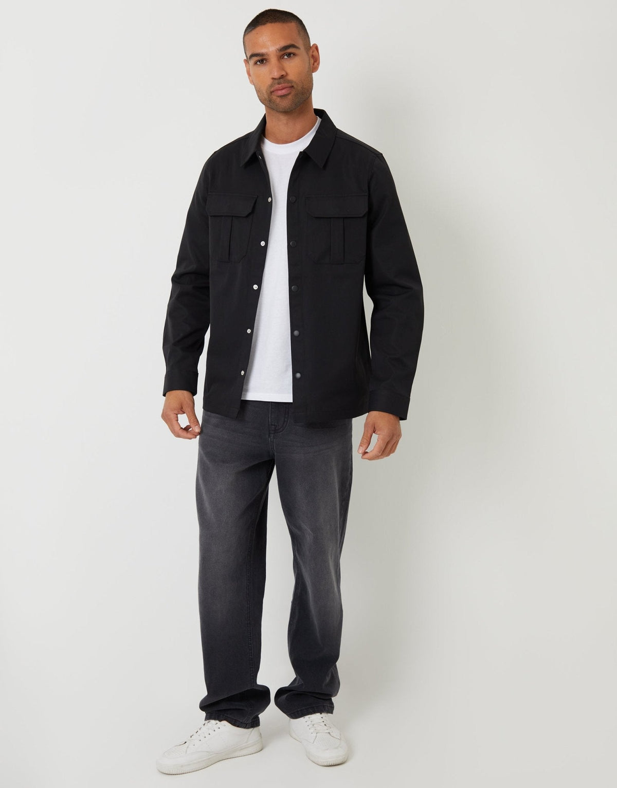 Men's Twill Cargo Pocket Shacket in Black – view 3