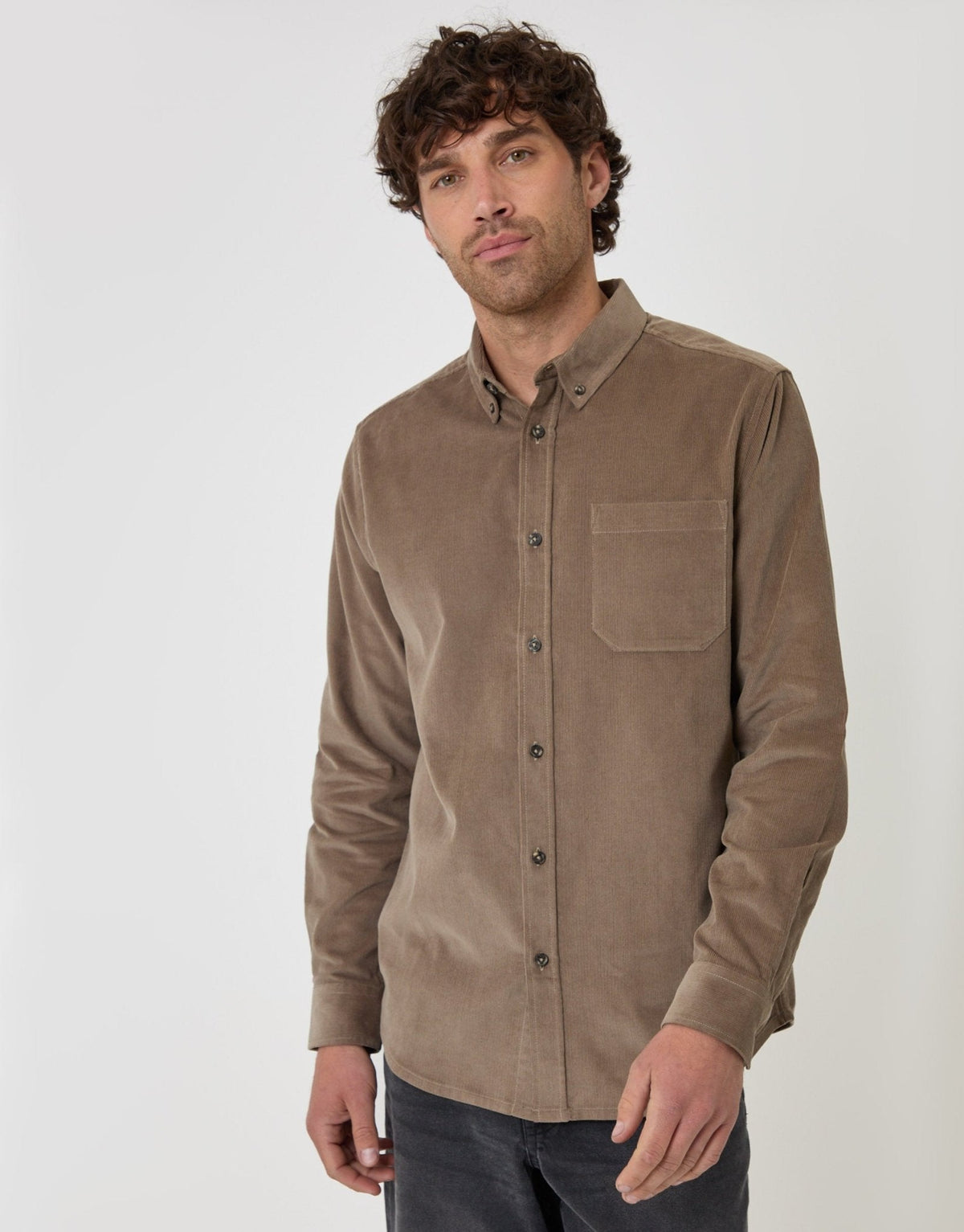 Men's Cotton Corduroy Button-Down Shirt in Taupe – view 1