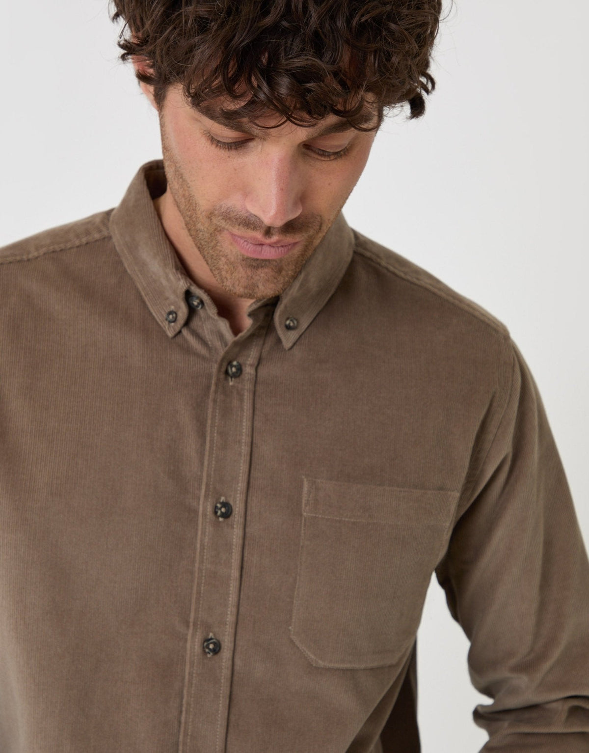 Men's Cotton Corduroy Button-Down Shirt in Taupe – view 2
