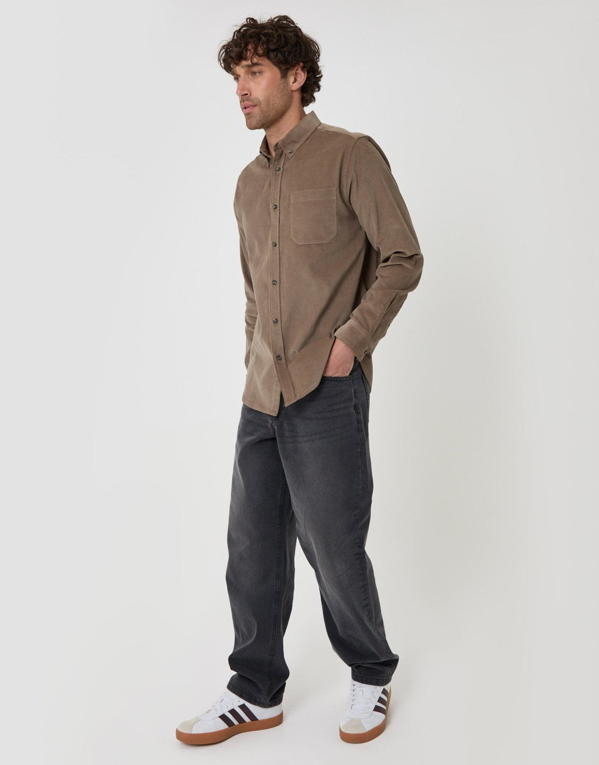 Men's Cotton Corduroy Button-Down Shirt in Taupe – view 4