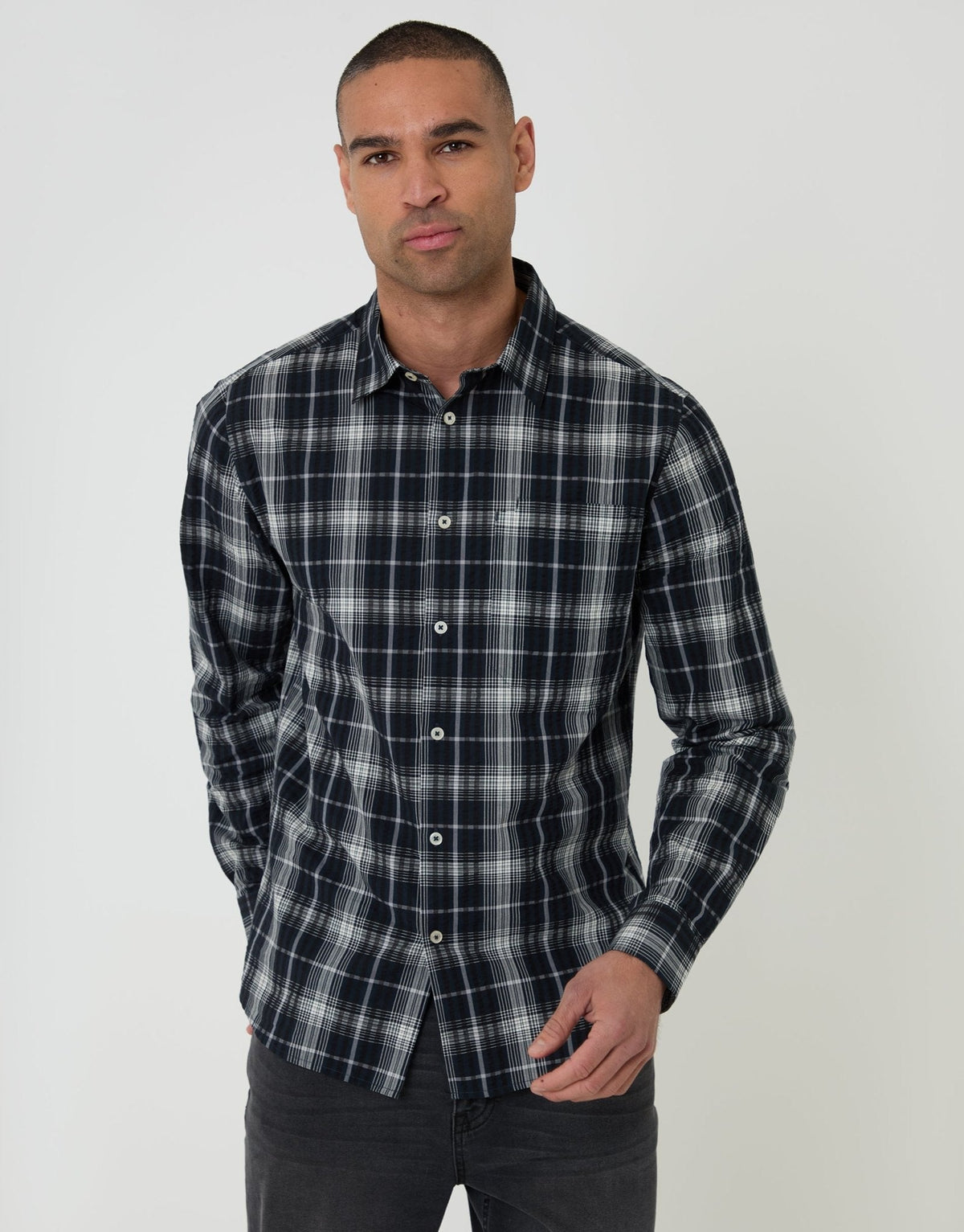 Men's Cotton Long Sleeve Check Shirt in Black Check – view 1