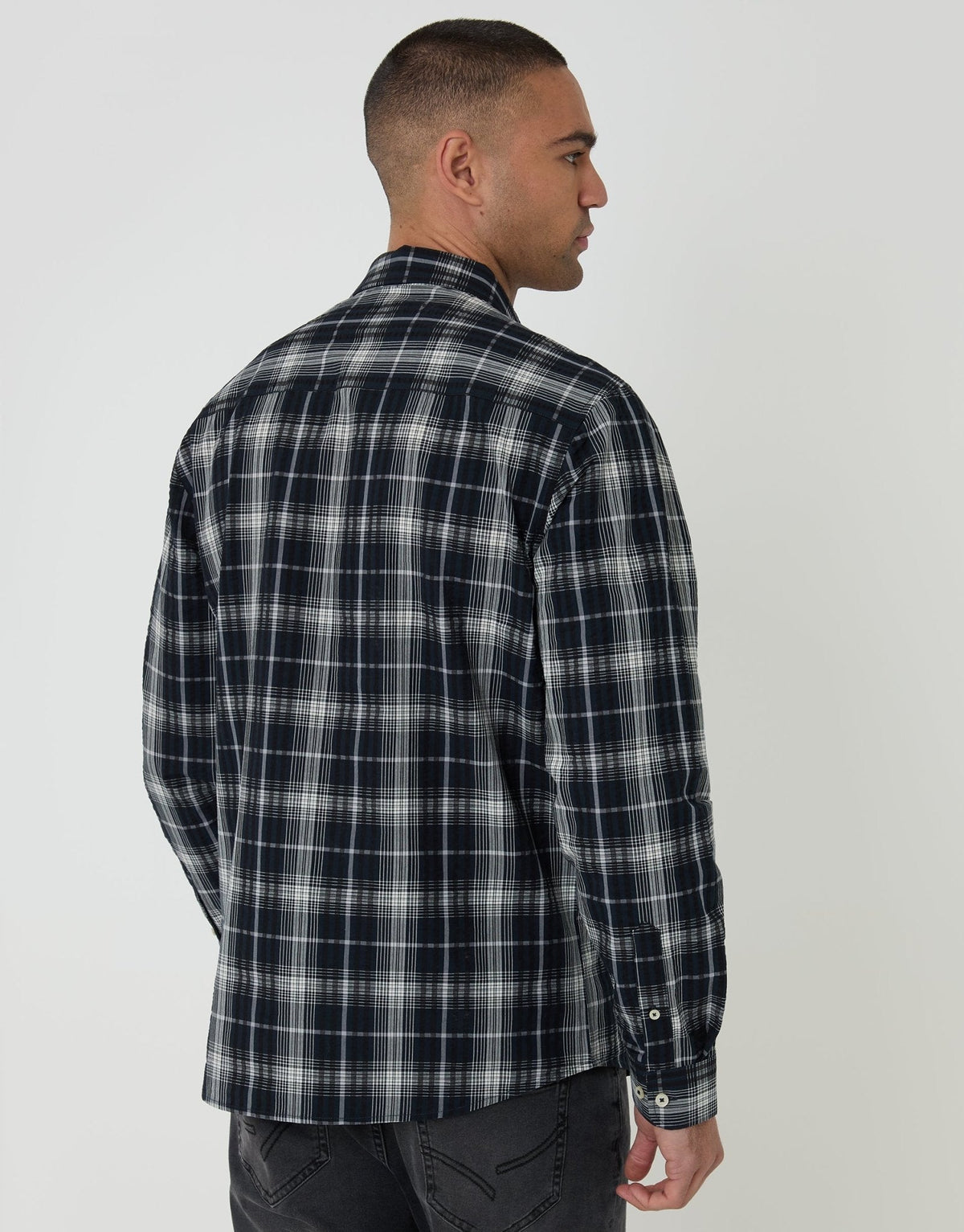 Men's Cotton Long Sleeve Check Shirt in Black Check – view 2