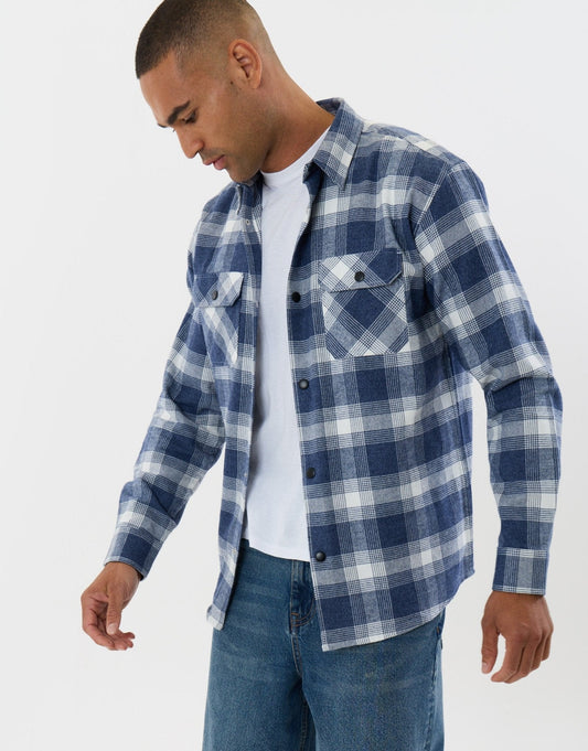 Relaxed Fit Cotton Patch Pocket Shirt in Denim Blue Check by SATRI & CO. – product view 1