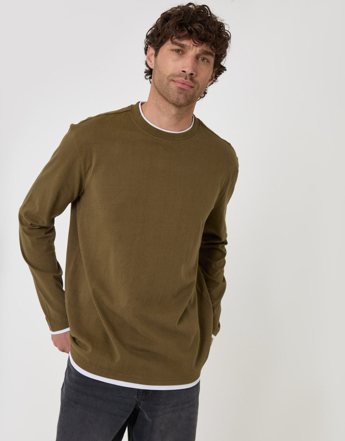 Relaxed Fit Mock Layer Long Sleeve T-Shirt in Khaki by SATRI & CO. – product view 1