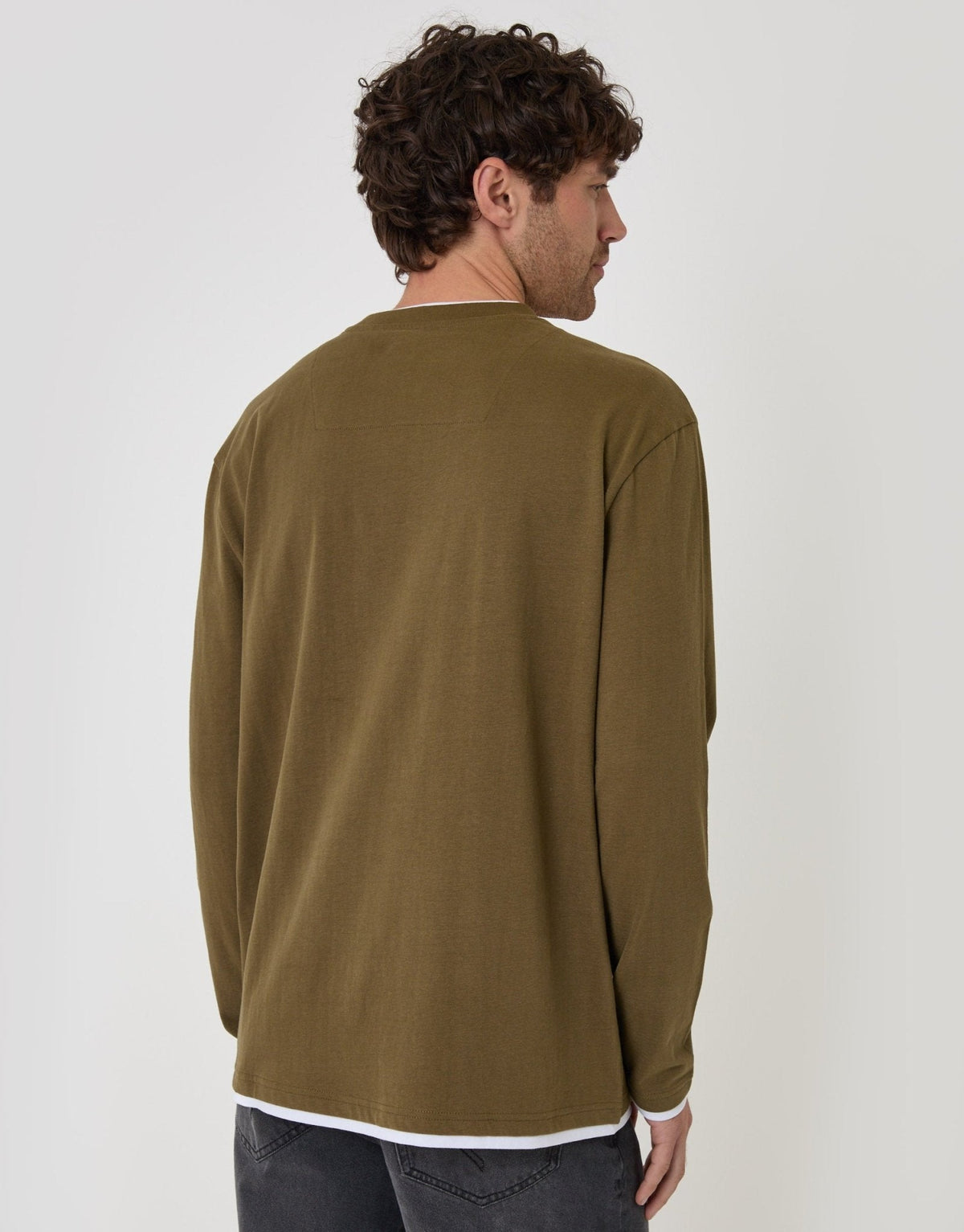Relaxed Fit Mock Layer Long Sleeve T-Shirt in Khaki by SATRI & CO. – product view 2