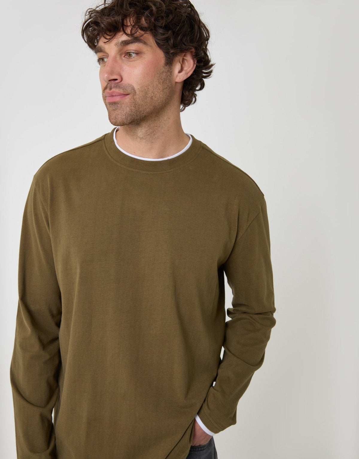 Relaxed Fit Mock Layer Long Sleeve T-Shirt in Khaki by SATRI & CO. – product view 4
