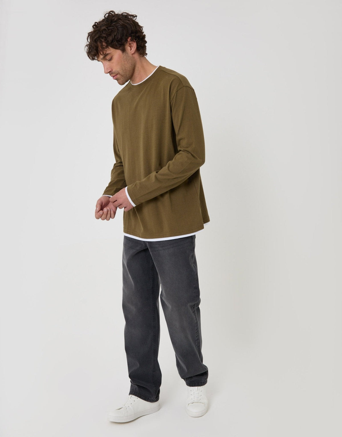 Relaxed Fit Mock Layer Long Sleeve T-Shirt in Khaki by SATRI & CO. – product view 3