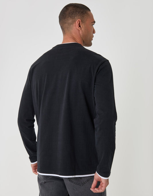 Relaxed Fit Mock Layer Long Sleeve T-Shirt in Black by SATRI & CO. – product view 2