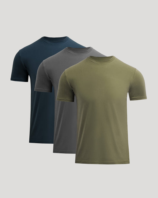 Men's Short-Length Crew Neck T-Shirt 3-Pack – Short Sleeve, 5 cm Shorter Body | Navy, Carbon & Military Green