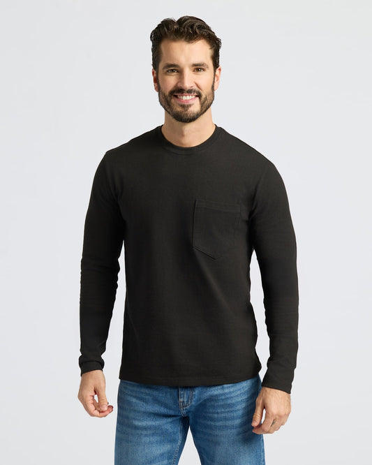 Men's Heavyweight Long Sleeve Pocket T-Shirt 4-Pack – Cotton Blend, Chest Pocket | Black, Navy, Carbon & White