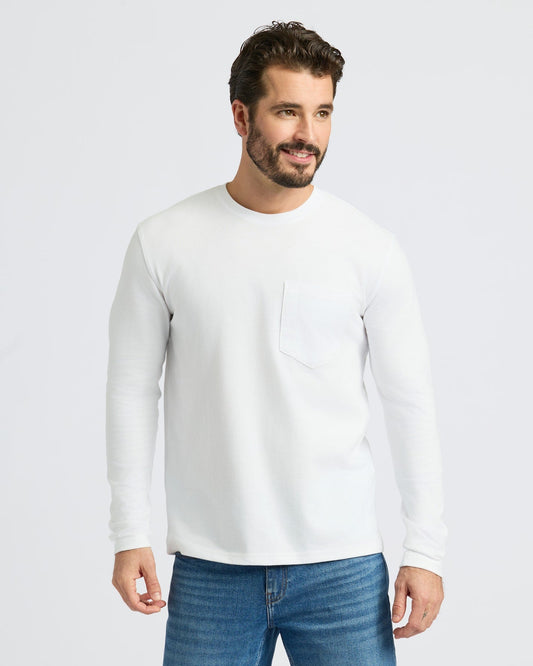 Men's Heavyweight Long Sleeve Pocket T-Shirt 4-Pack – Cotton Blend, Chest Pocket | White