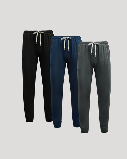 Men's Active Joggers 3-Pack – 4-Way Stretch, Peached Finish, Zip Back Pocket | Black, Navy & Charcoal Grey